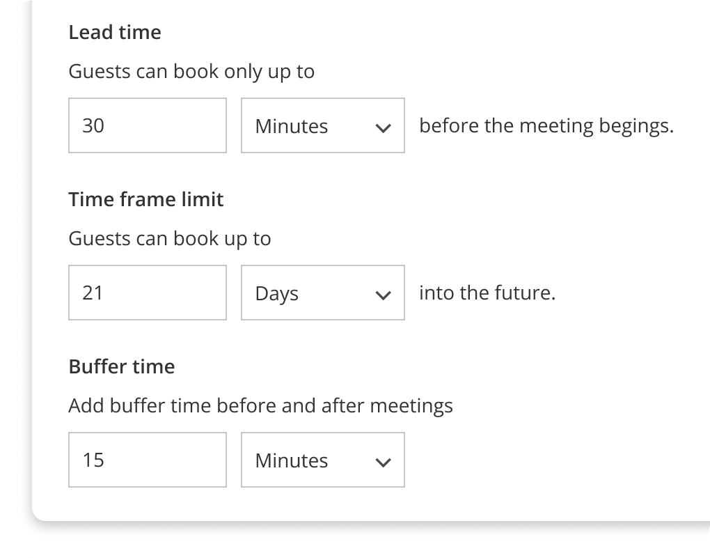 Settings to add buffers between meetings in a scheduling tool