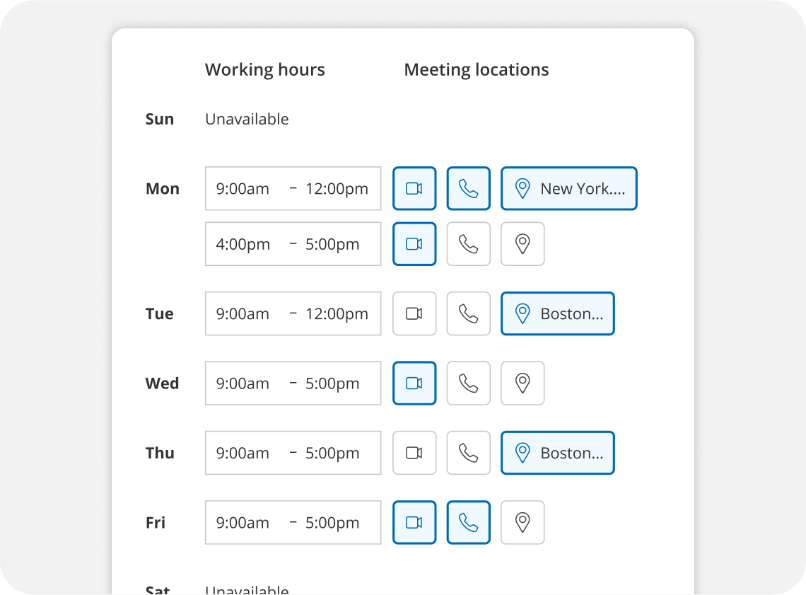 Scheduling interface showcasing availability across multiple locations