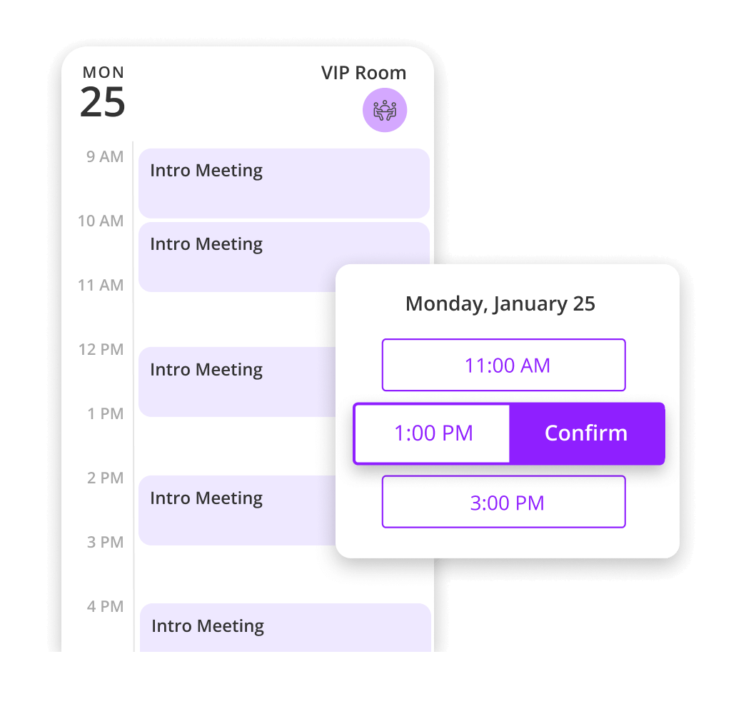 Example interface for meeting room scheduling and calendar updates